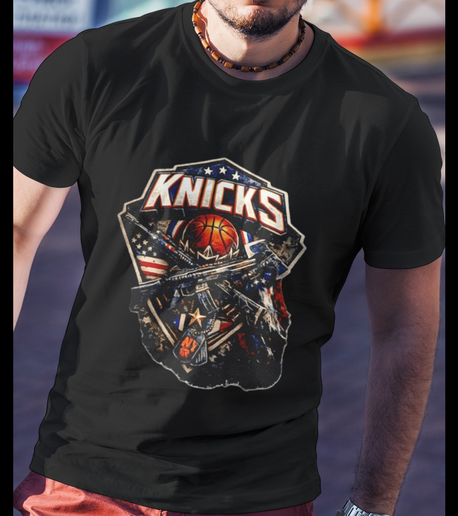 Knicks Basketball NBA Military Rifle Axe USA Flag Dog Tags T-Shirt
