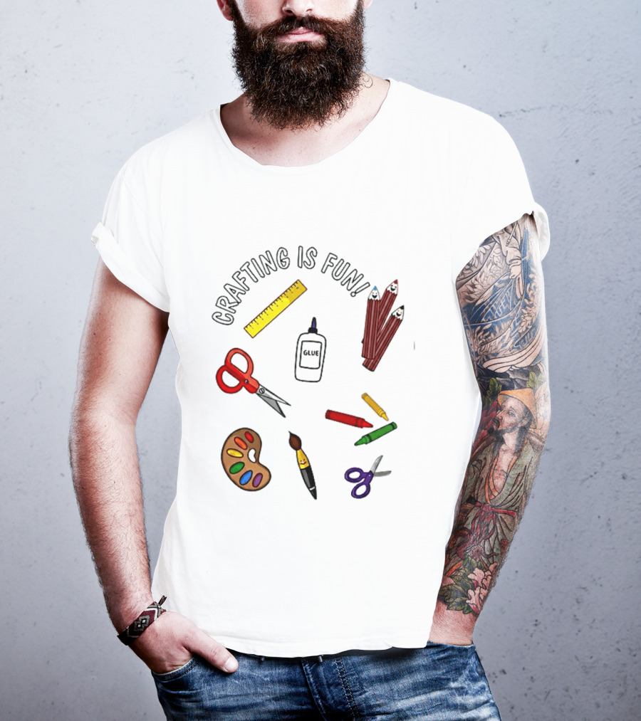 Crafting Is Fun Supplies Scissors Glue Paintbrush Crayons Palette Ruler T-Shirt