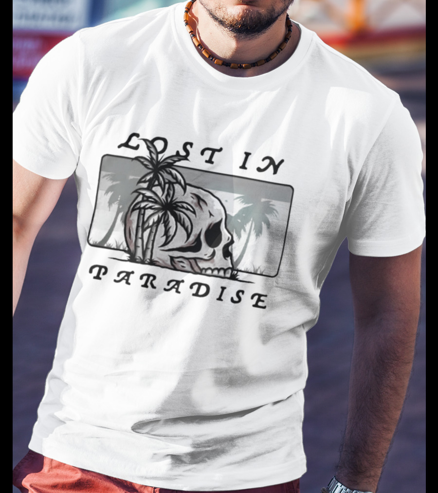 Lost In Paradise Palm Tree Skull And Beach Scene T-Shirt