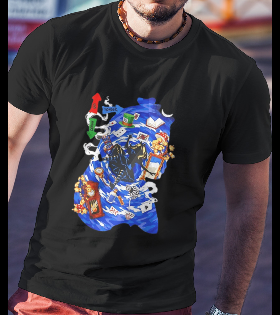 Alice In Wonderland Through The Rabbit Hole Down Yonder With Wonderland Icons And Vortex T-Shirt