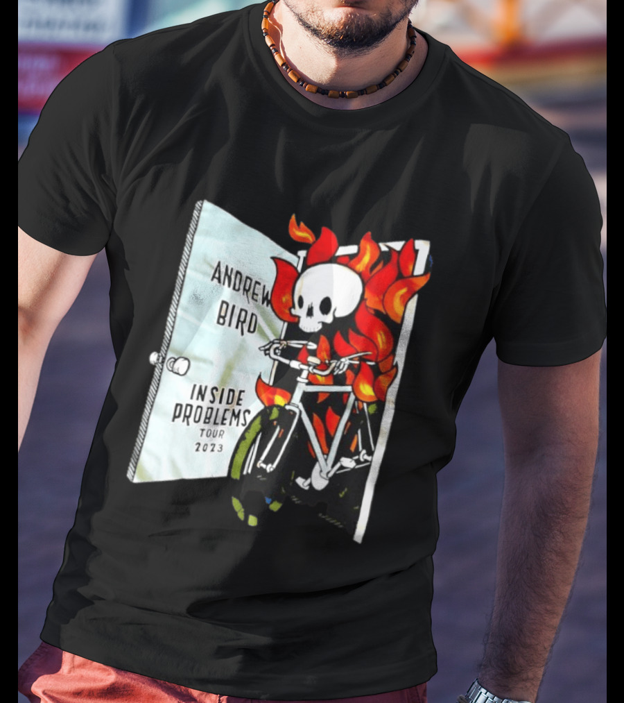 Andrew Bird Inside Problems Tour 2023 Flaming Skeleton On Bicycle T-Shirt