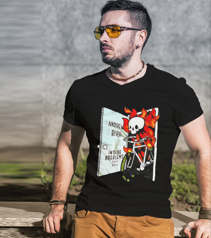 Andrew Bird Inside Problems Tour 2023 Flaming Skeleton On Bicycle T-Shirt