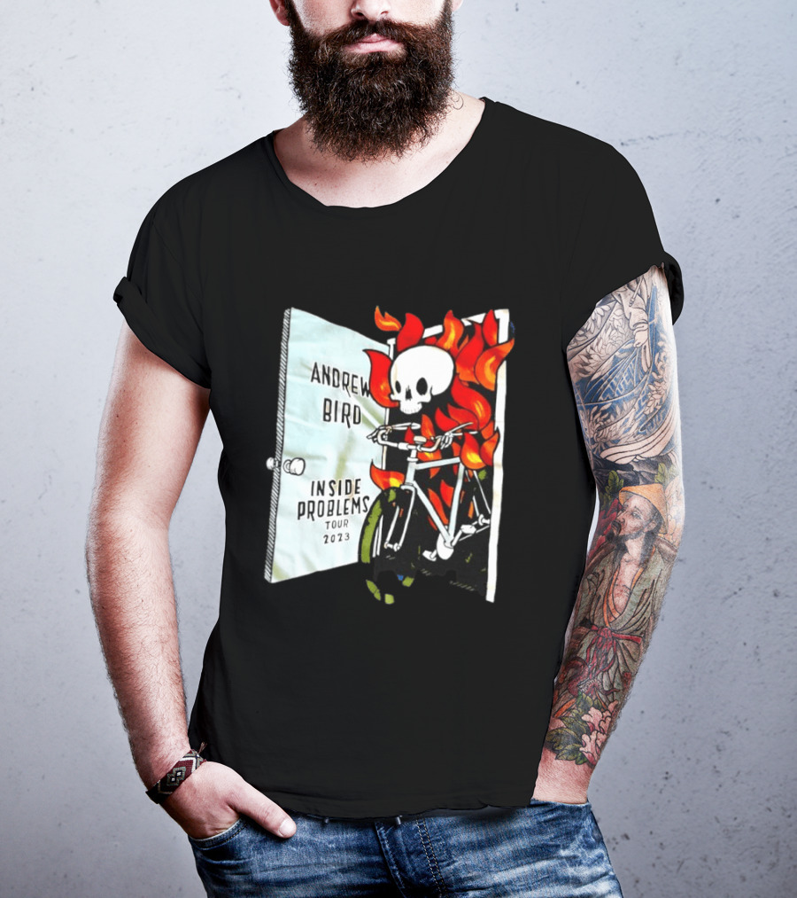 Andrew Bird Inside Problems Tour 2023 Flaming Skeleton On Bicycle T-Shirt