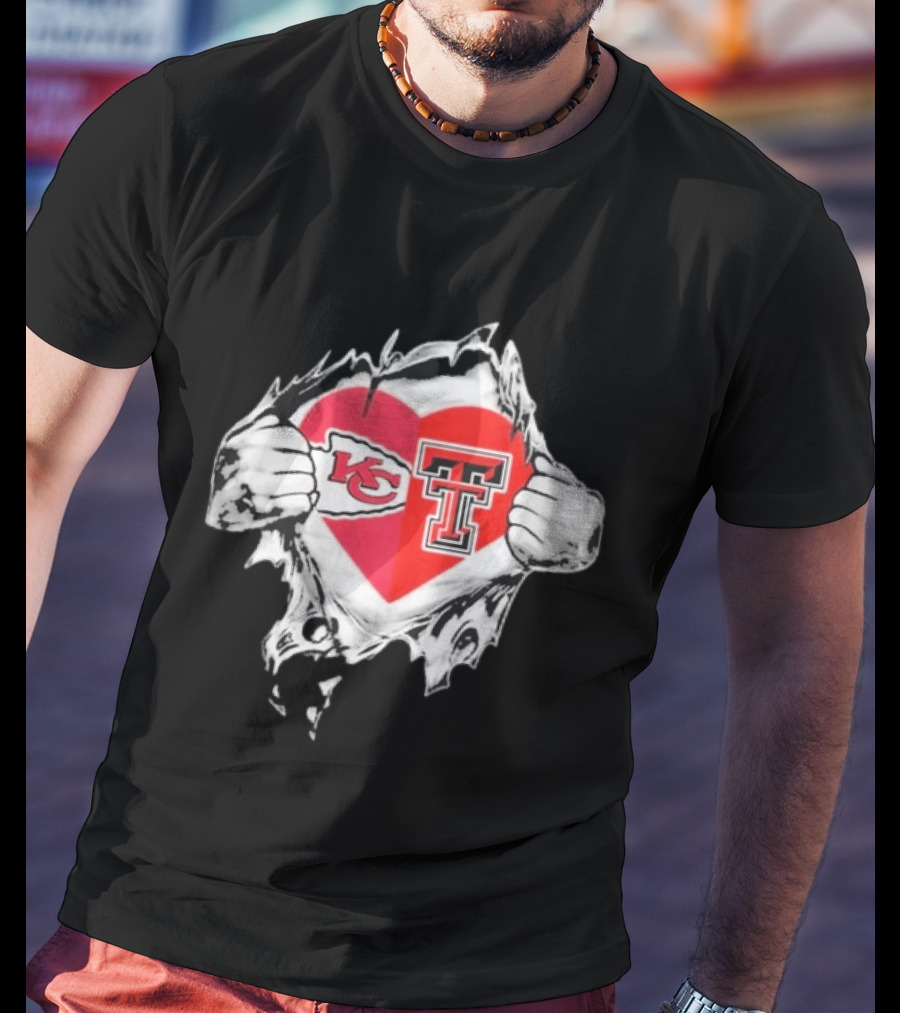 Chiefs Texas Tech Red Raiders Heart Emblem Torn Reveal T-Shirt