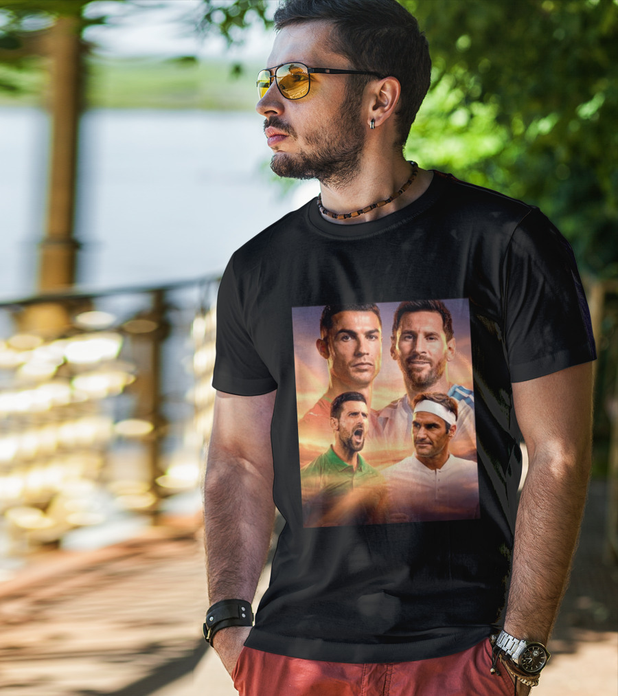 Cristiano Ronaldo Lionel Messi Novak Djokovic Roger Federer GOAT Sports Legends Celebrating Iconic Athletes T-Shirt