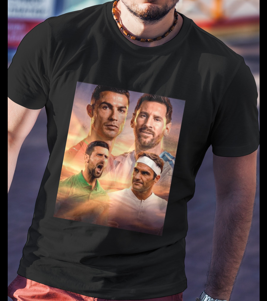 Cristiano Ronaldo Lionel Messi Novak Djokovic Roger Federer GOAT Sports Legends Celebrating Iconic Athletes T-Shirt
