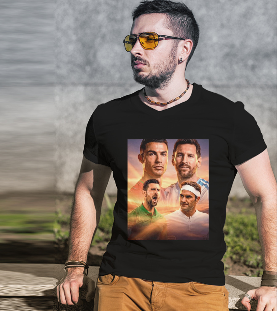 Cristiano Ronaldo Lionel Messi Novak Djokovic Roger Federer GOAT Sports Legends Celebrating Iconic Athletes T-Shirt