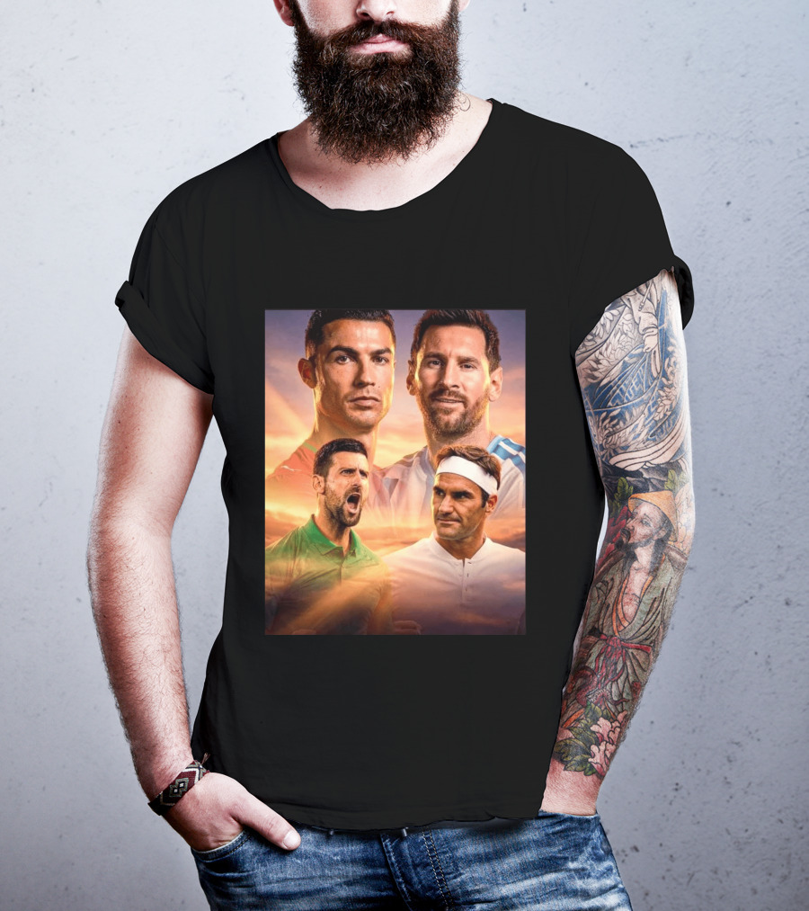 Cristiano Ronaldo Lionel Messi Novak Djokovic Roger Federer GOAT Sports Legends Celebrating Iconic Athletes T-Shirt