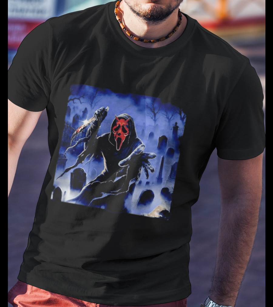 Ghostface Scream Devil Mask With Knife In Cemetery T-Shirt