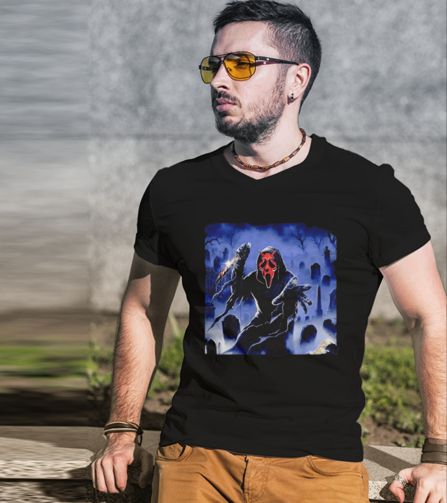 Ghostface Scream Devil Mask With Knife In Cemetery T-Shirt