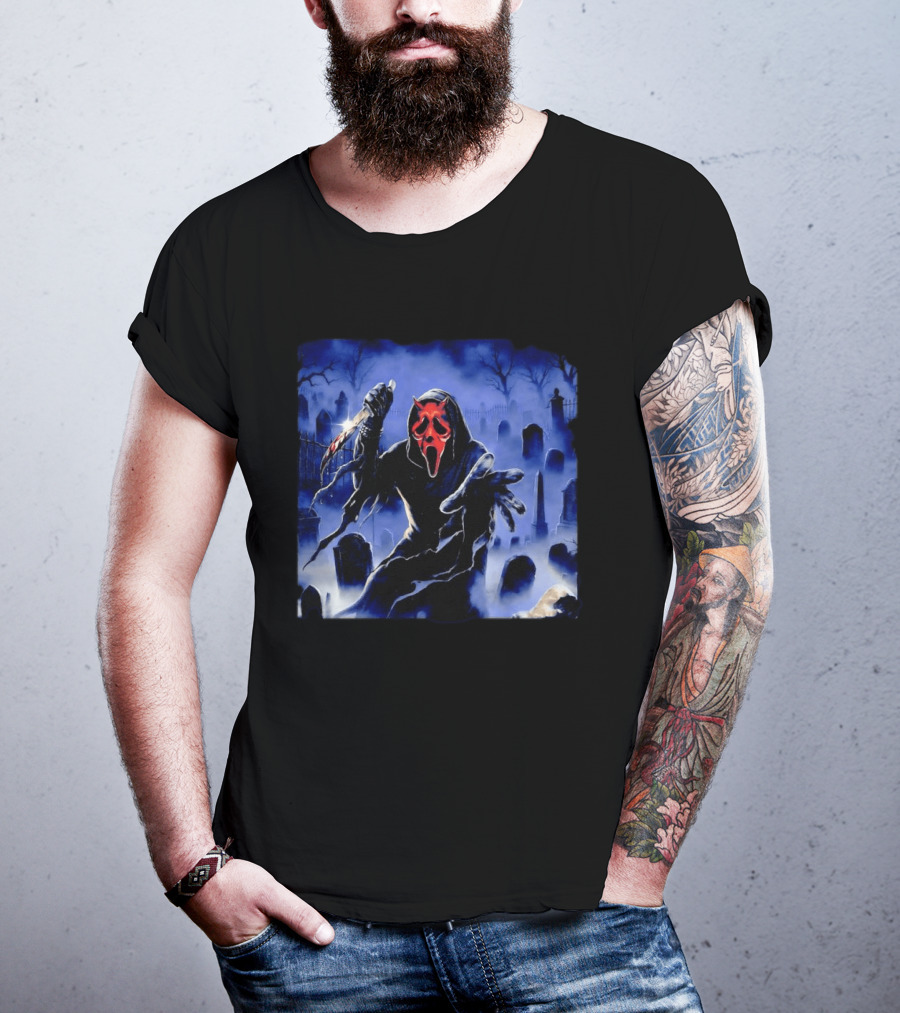 Ghostface Scream Devil Mask With Knife In Cemetery T-Shirt