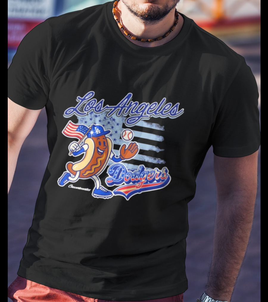 Los Angeles Dodgers Hot Dog Baseball American Flag Stars T-Shirt
