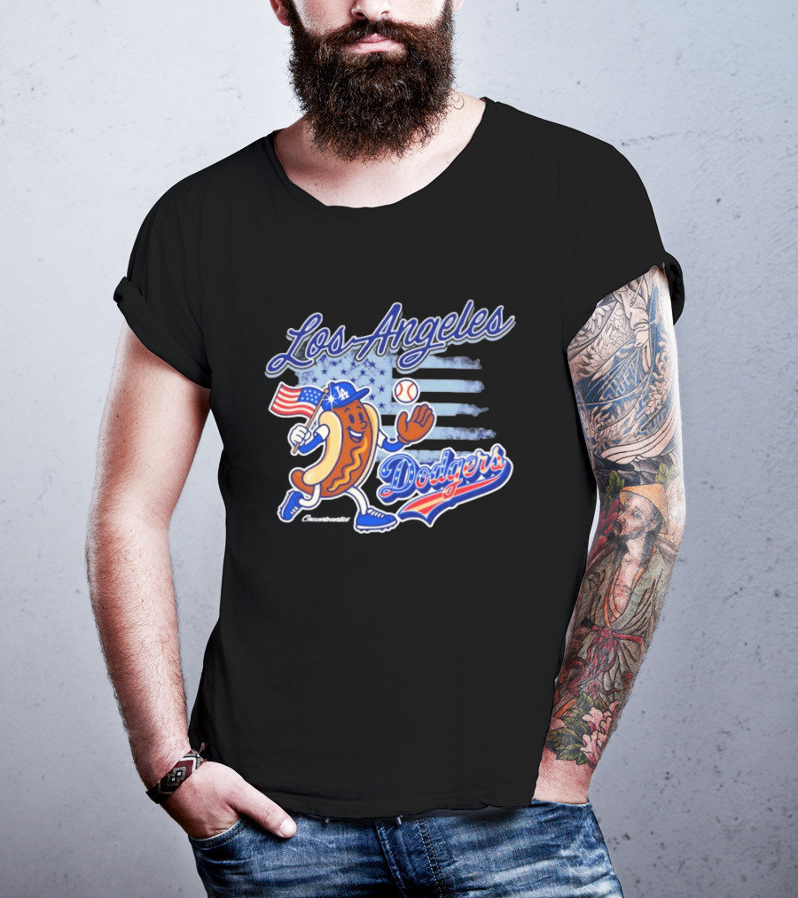 Los Angeles Dodgers Hot Dog Baseball American Flag Stars T-Shirt