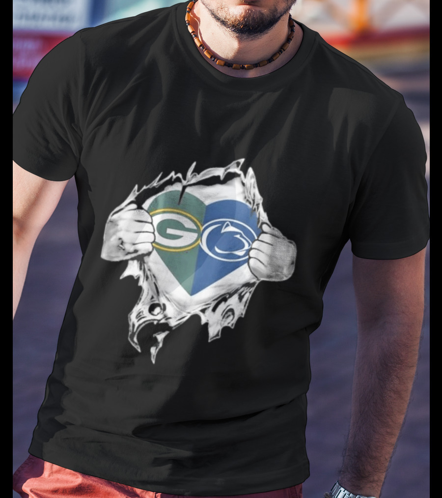 Packers Penn State Heart Icon Featuring Green Bay And Nittany Lions Logos T-Shirt