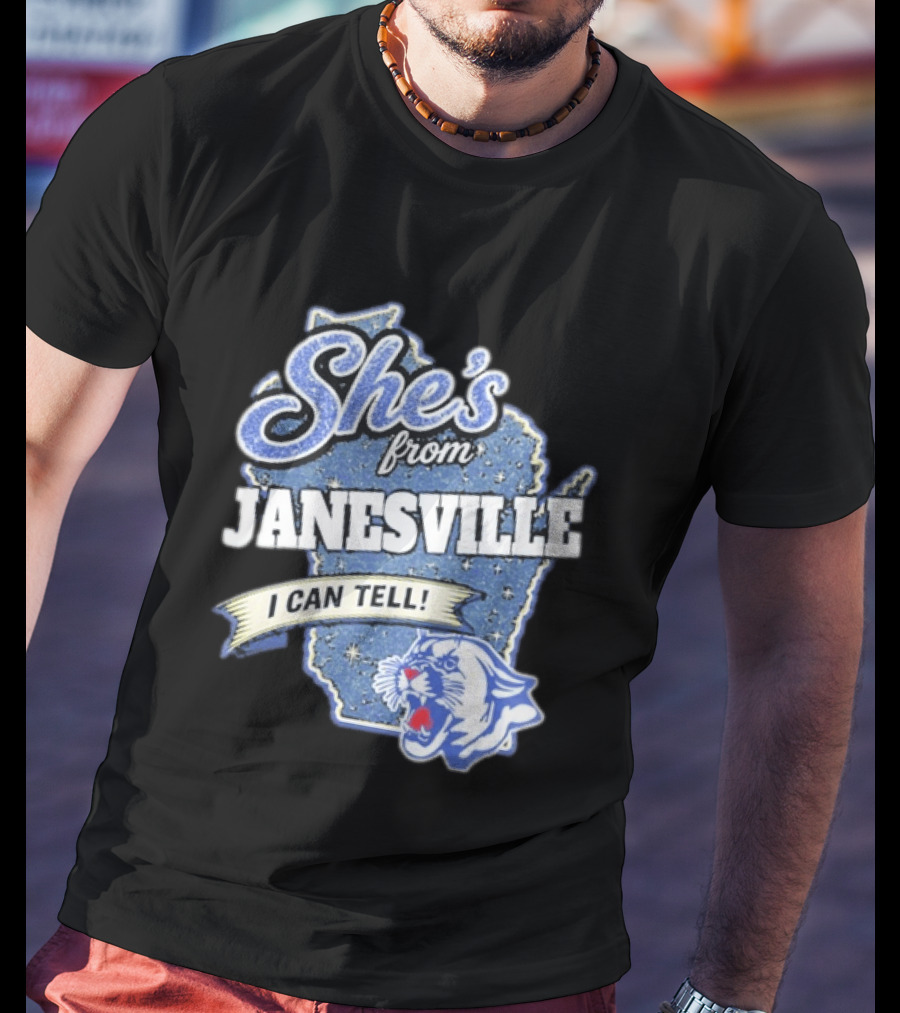 She's From Janesville I Can Tell With Wisconsin Map And Wildcat T-Shirt