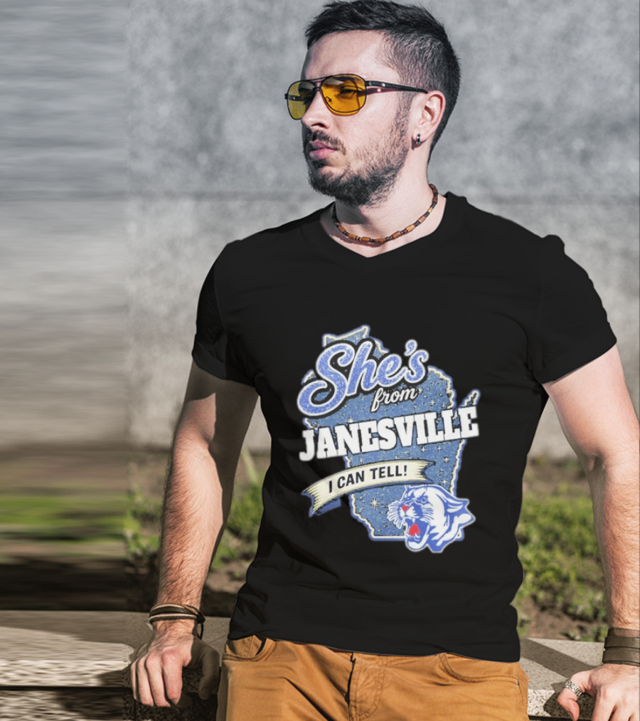She's From Janesville I Can Tell With Wisconsin Map And Wildcat T-Shirt