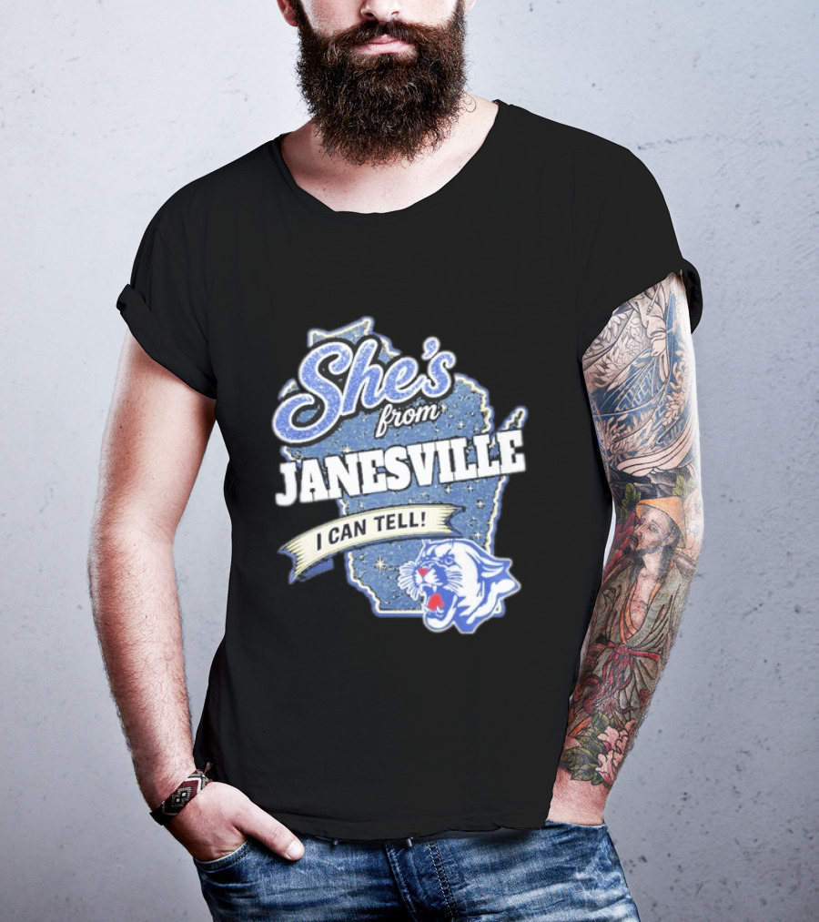 She's From Janesville I Can Tell With Wisconsin Map And Wildcat T-Shirt