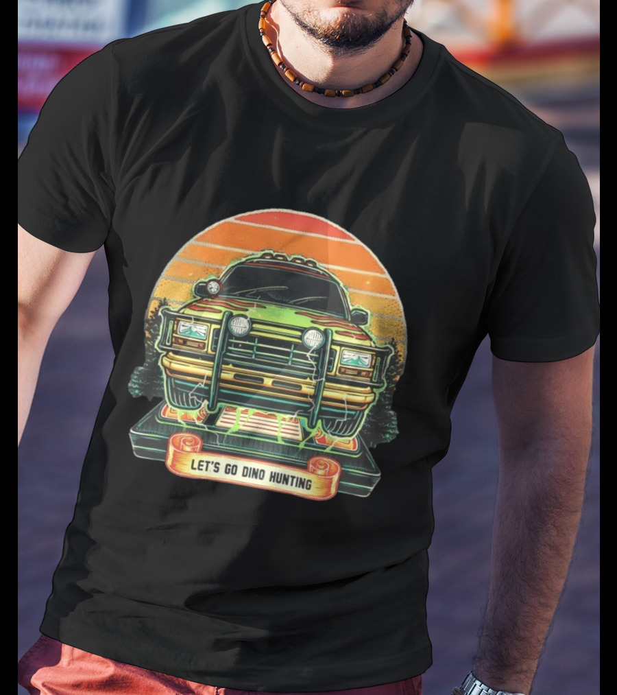 Jurassic Park Let's Go Dino Hunting Adventure Off Road Vehicle Sunset Scene T-Shirt