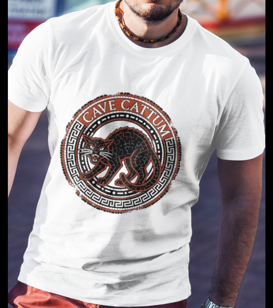 Cave Cattum Angry Cat Mosaic Roman Warning Sign T-Shirt
