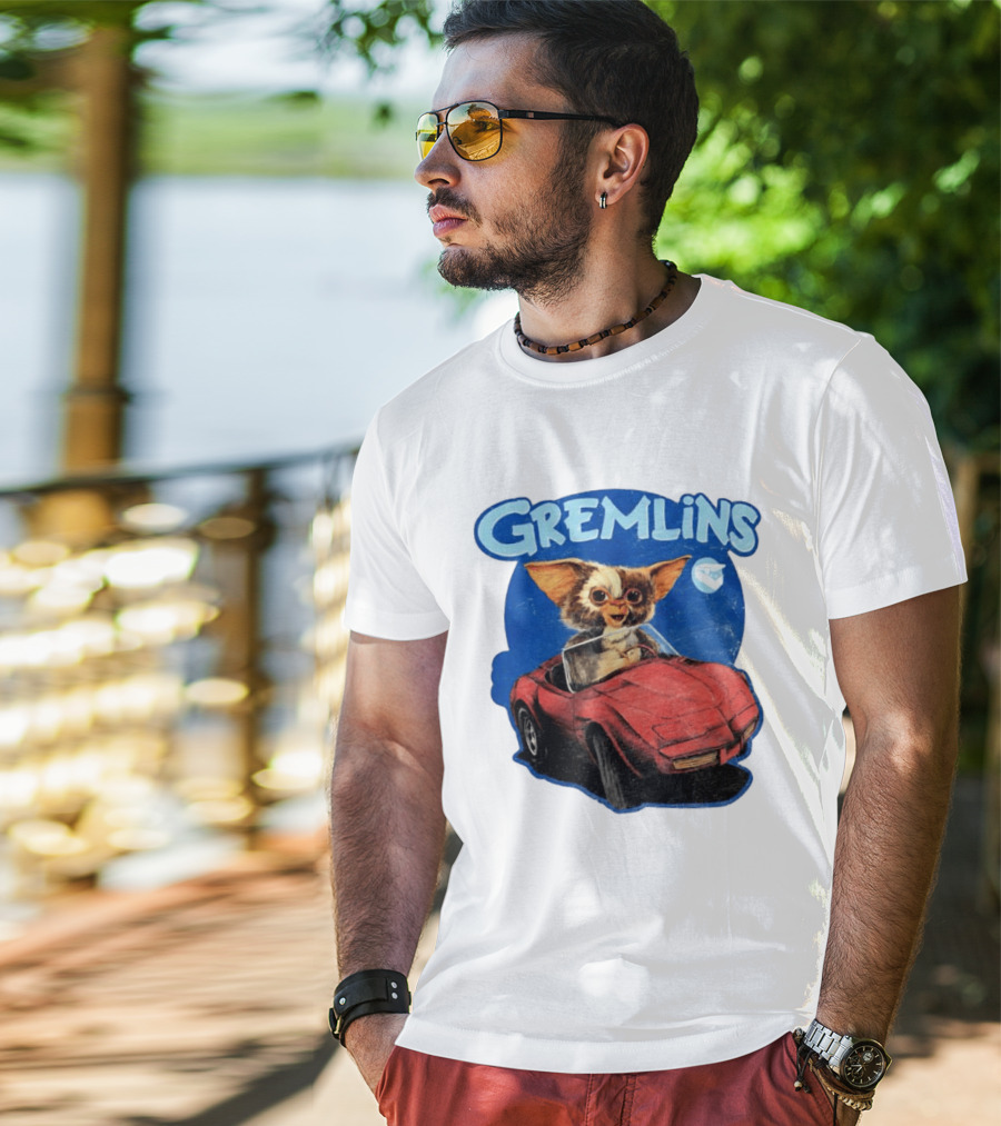 Gizmo Gremlins Driving Red Sports Car Retro Movie Fan T-Shirt