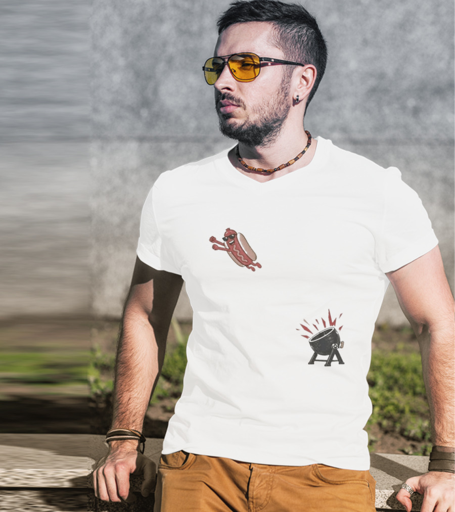 Hot Dog Jumping Into Grill Cartoon T-Shirt