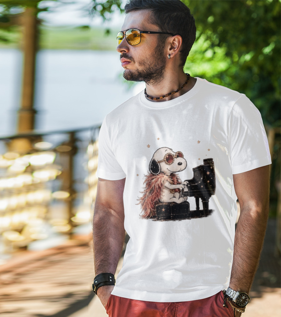 Snoopy Elton John Playing Piano Under Starry Nights T-Shirt