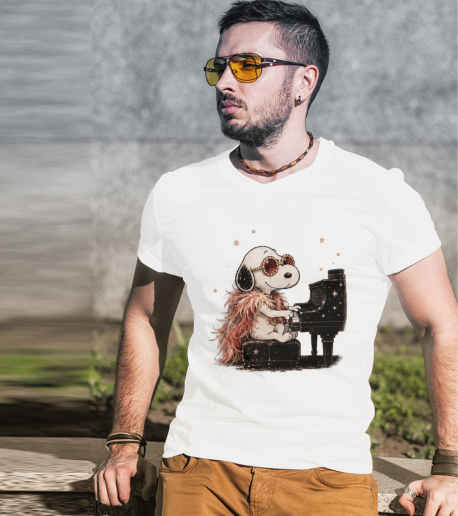Snoopy Elton John Playing Piano Under Starry Nights T-Shirt
