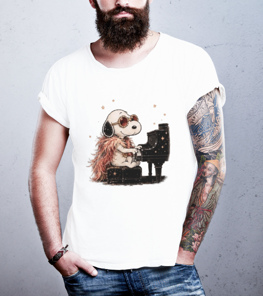 Snoopy Elton John Playing Piano Under Starry Nights T-Shirt