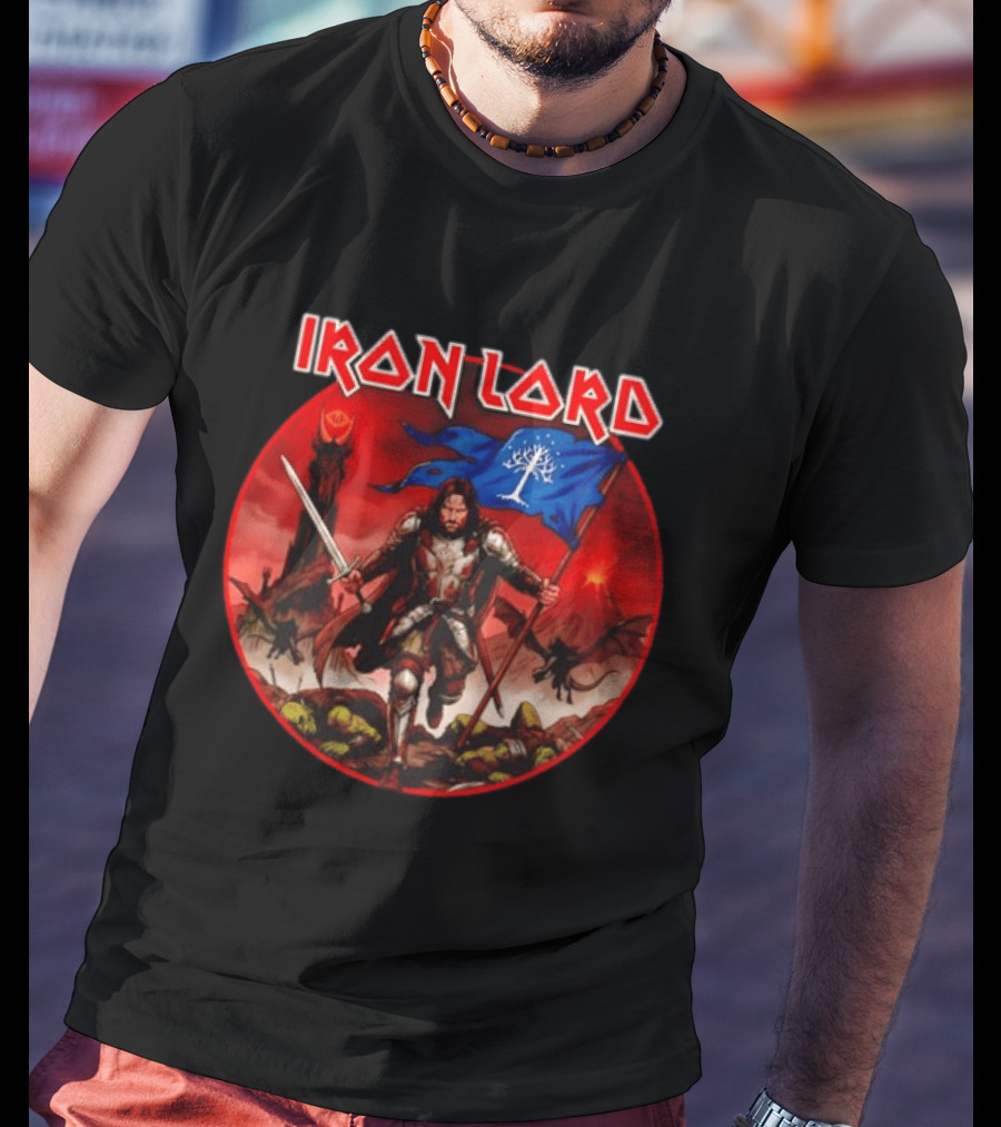 Lord Of The Rings Aragorn Iron Lord Middle Earth Battle With Flag And Sword T-Shirt