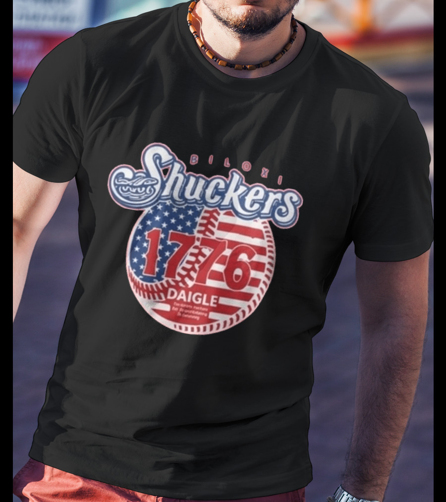 Biloxi Shuckers 1776 American Flag Baseball Daigle Text Stars Stripes T-Shirt