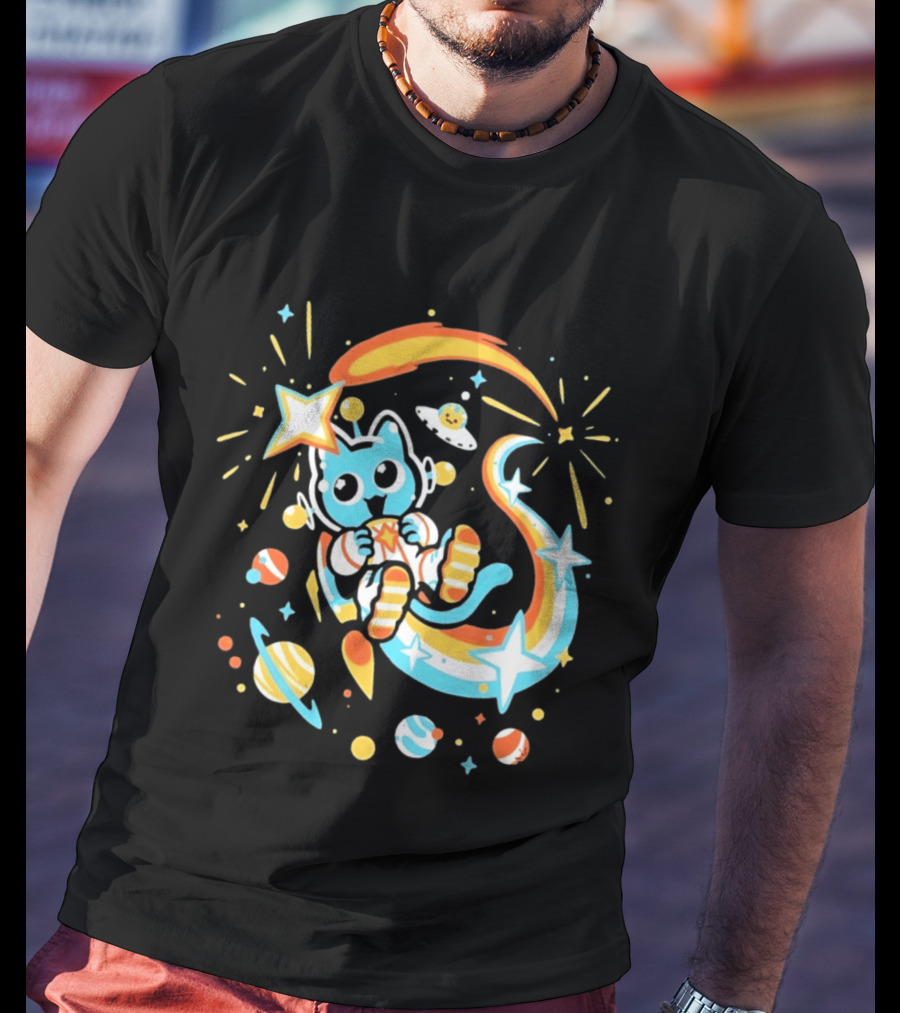 Cosmic Cat Cosmonaut Adventure In Stardust Space With Planets And Shooting Stars T-Shirt