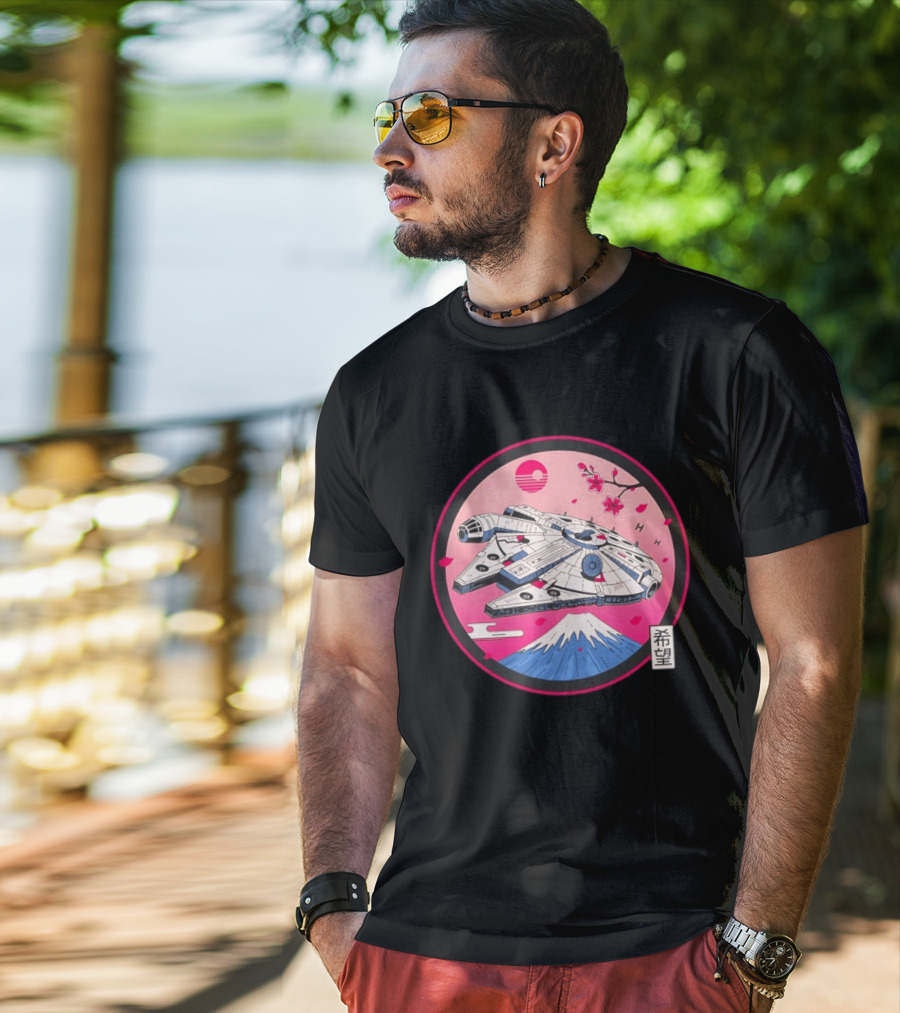 Millennium Falcon Over Fuji Cherry Blossoms Hope Kanji Circle T-Shirt