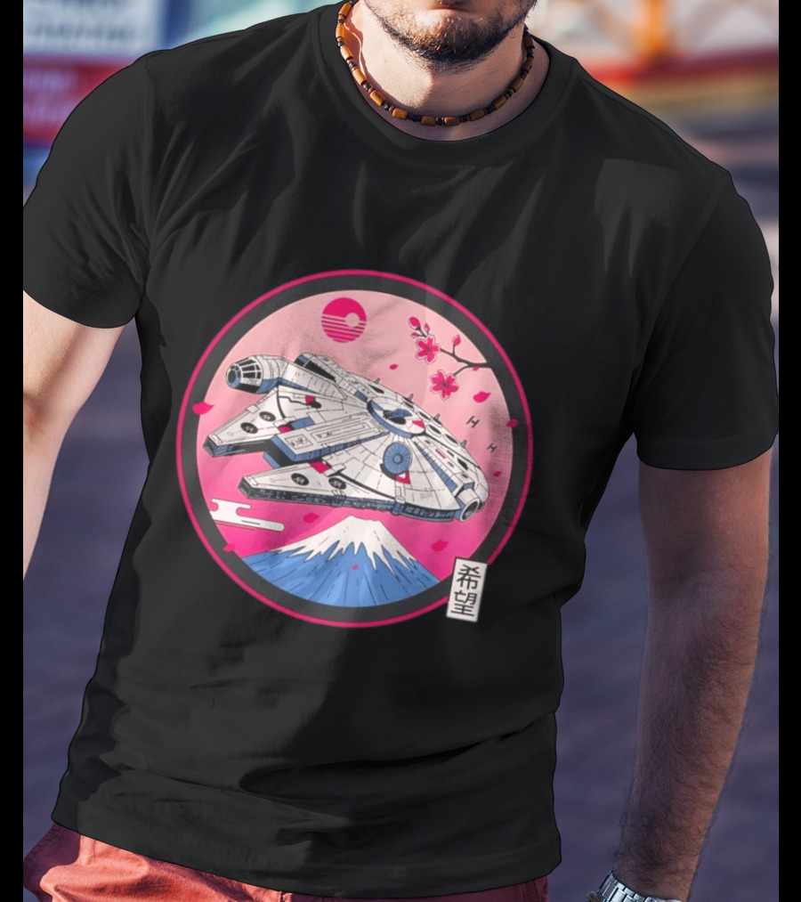 Millennium Falcon Over Fuji Cherry Blossoms Hope Kanji Circle T-Shirt