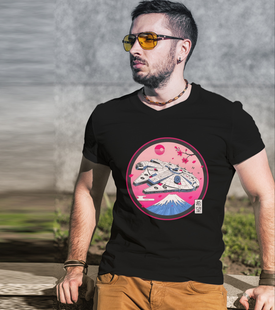 Millennium Falcon Over Fuji Cherry Blossoms Hope Kanji Circle T-Shirt