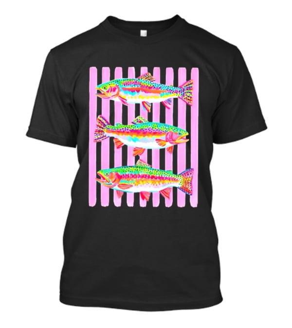 Rainbow Trout Fish Three Swimming Pink Vertical Striped T-Shirt