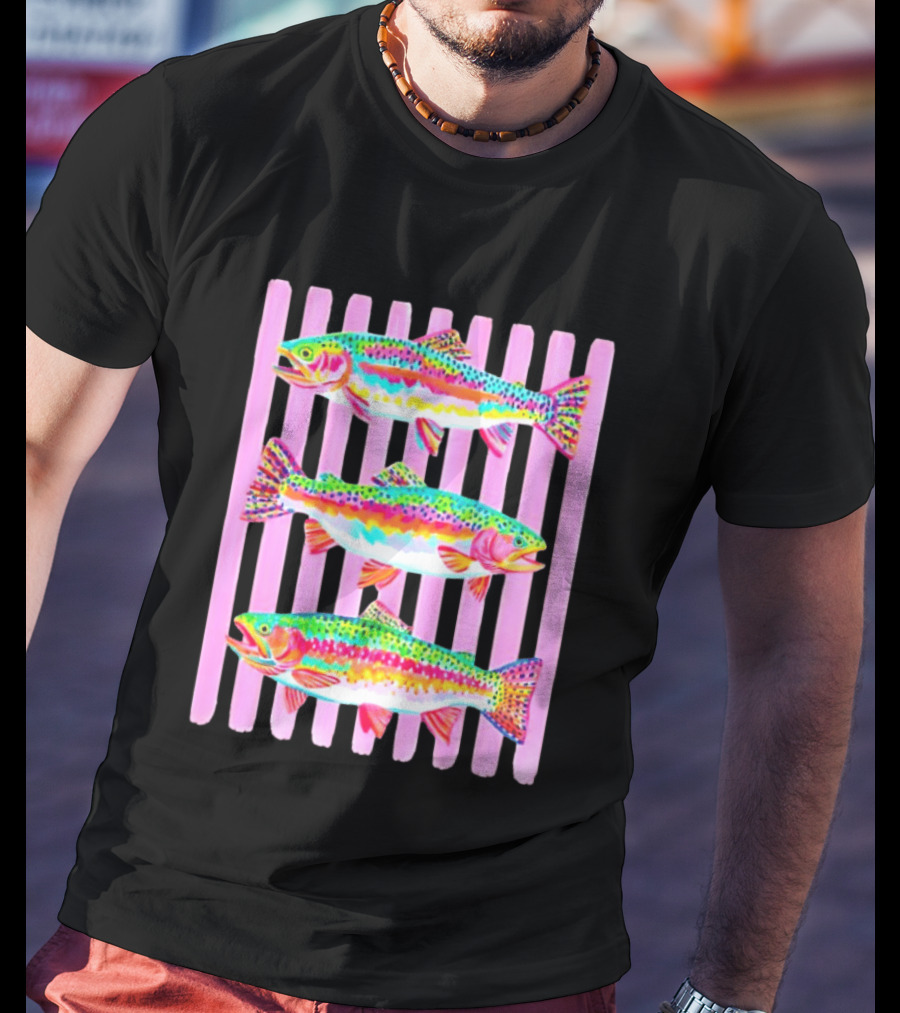 Rainbow Trout Fish Three Swimming Pink Vertical Striped T-Shirt