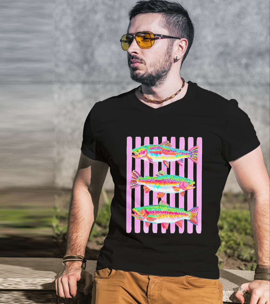 Rainbow Trout Fish Three Swimming Pink Vertical Striped T-Shirt