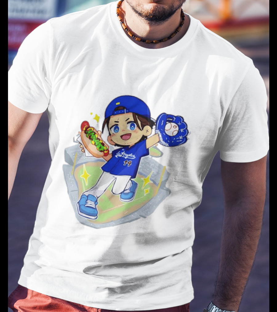 Enrique Hernandez Los Angeles Dodgers 14 Cartoon Style Baseball Glove And Hot Dog T-Shirt