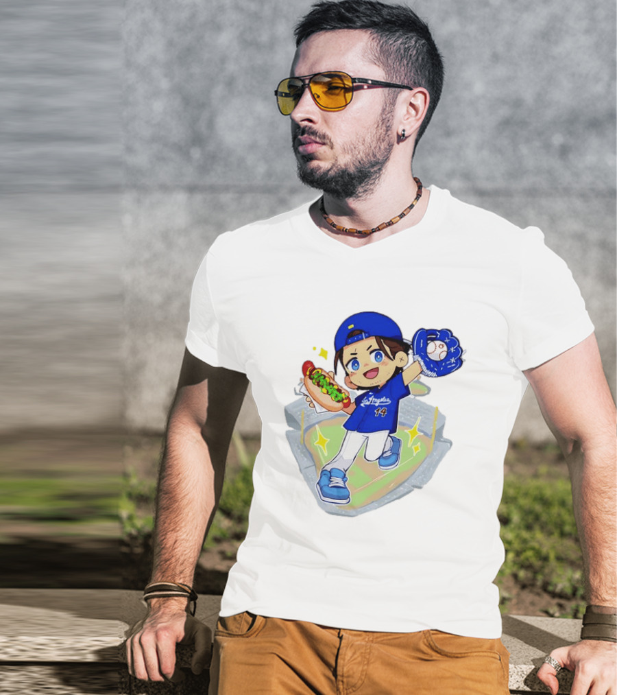 Enrique Hernandez Los Angeles Dodgers 14 Cartoon Style Baseball Glove And Hot Dog T-Shirt