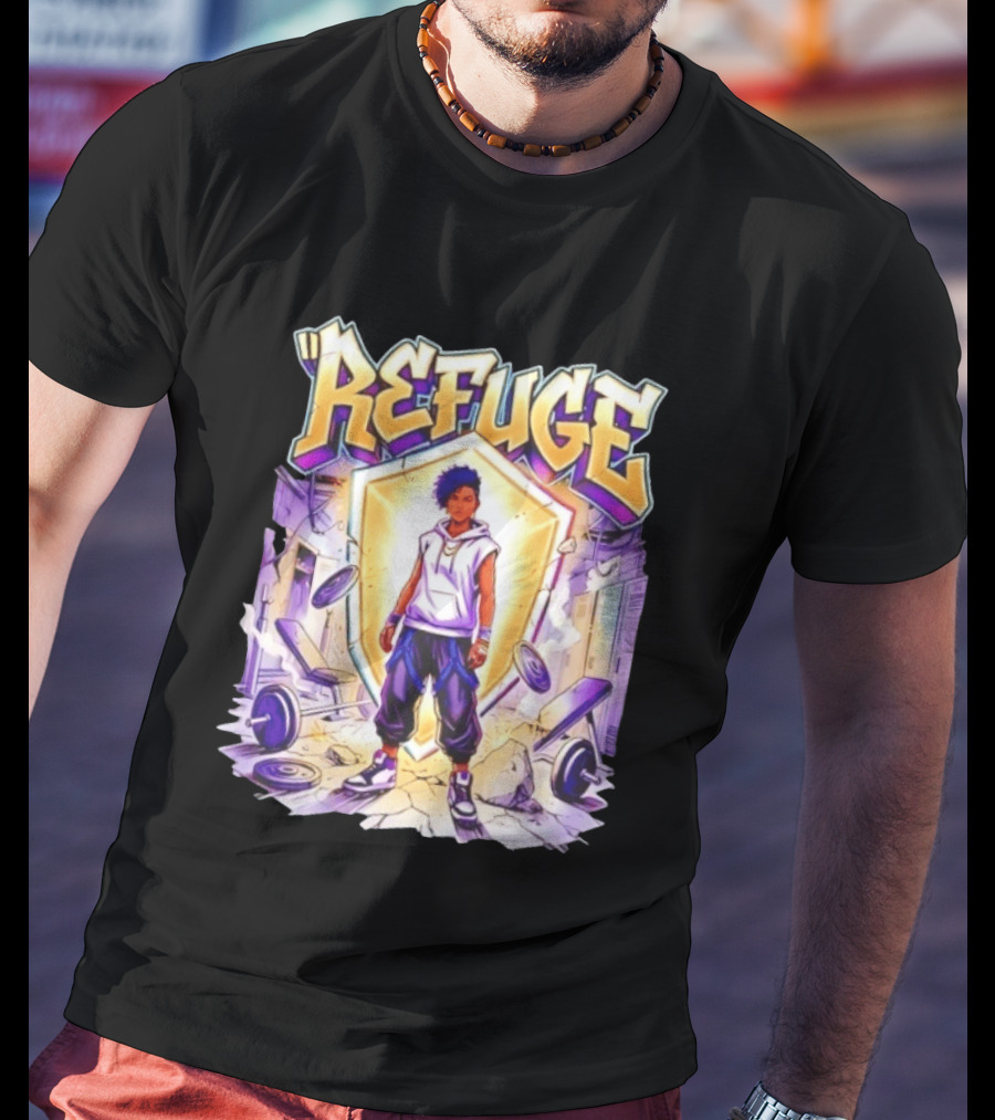 Refuge Strength God Shield Manga Style Weightlifting Motif T-Shirt