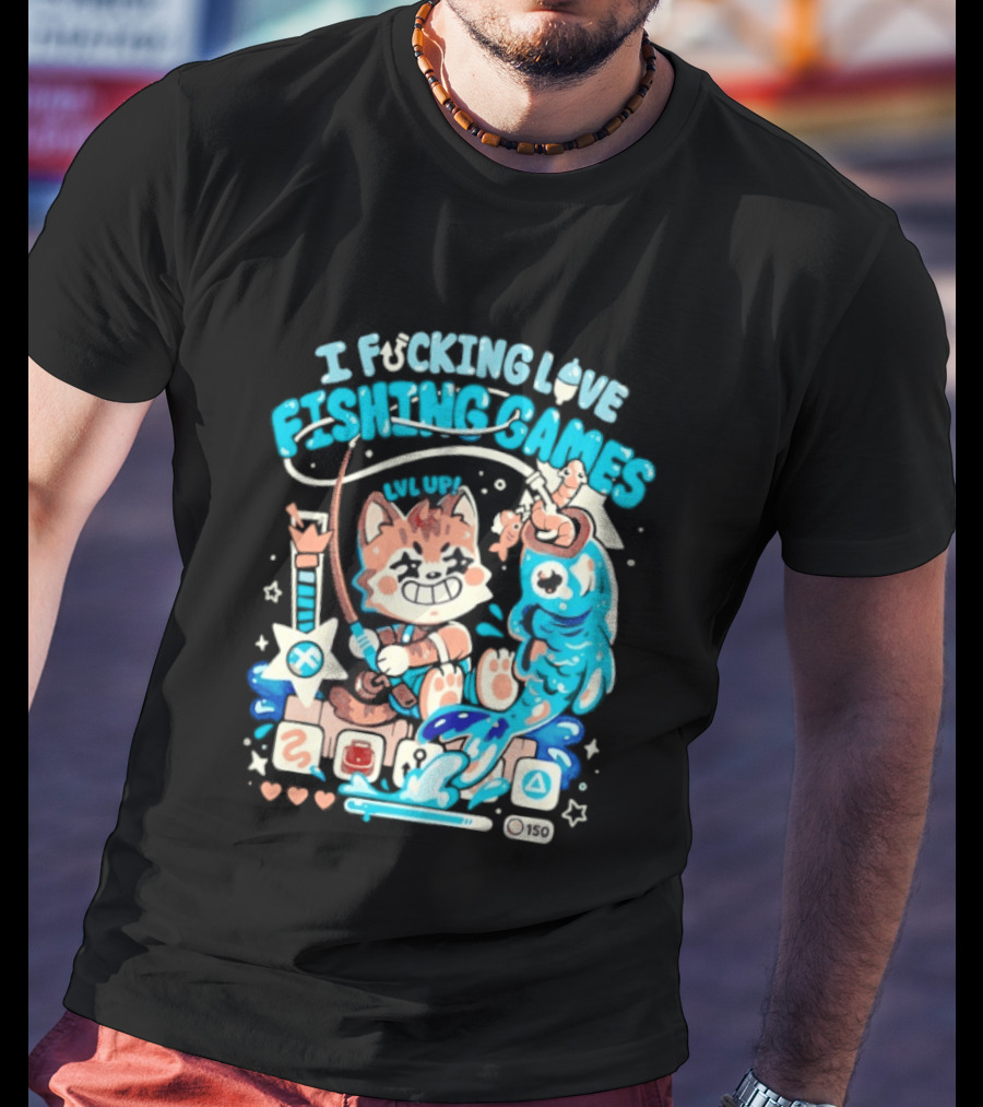 I Fucking Love Fishing Games XP Splash Cute Cat With Fish And Hearts T-Shirt