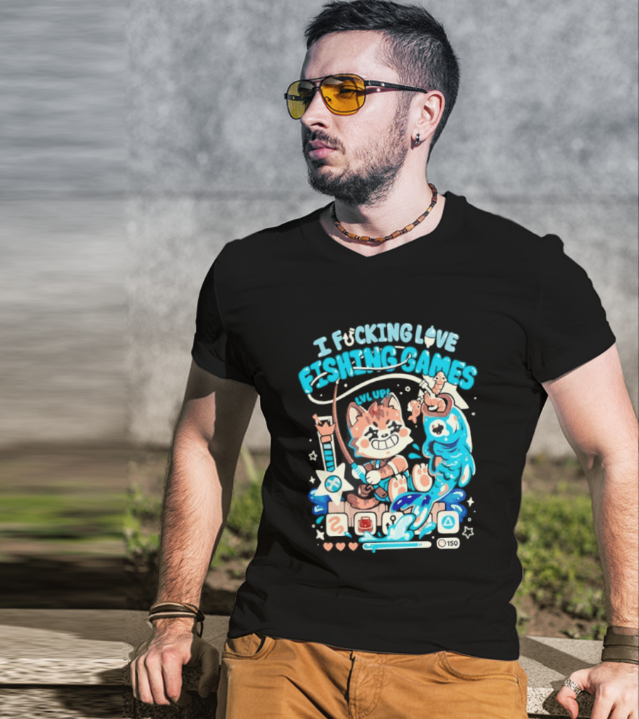I Fucking Love Fishing Games XP Splash Cute Cat With Fish And Hearts T-Shirt