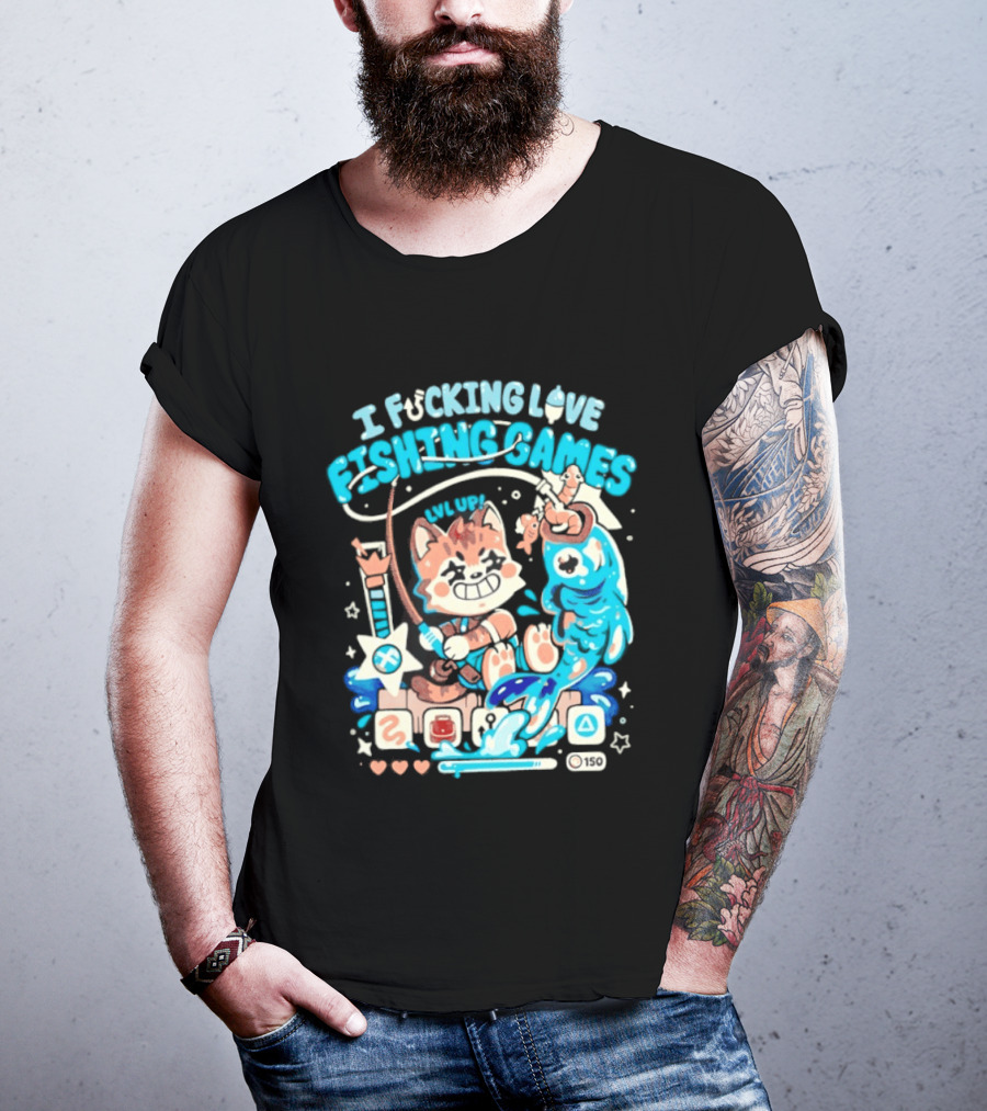 I Fucking Love Fishing Games XP Splash Cute Cat With Fish And Hearts T-Shirt
