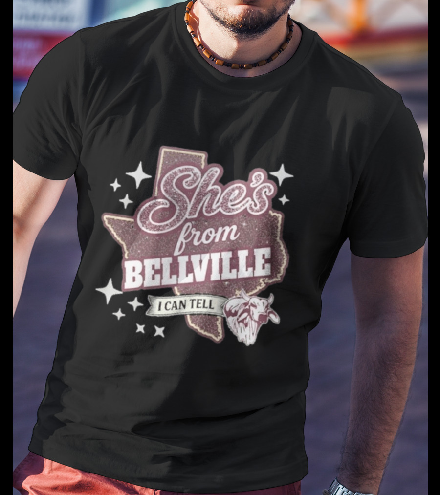 She's From Bellville I Can Tell Texas Map Stars Cowhead T-Shirt
