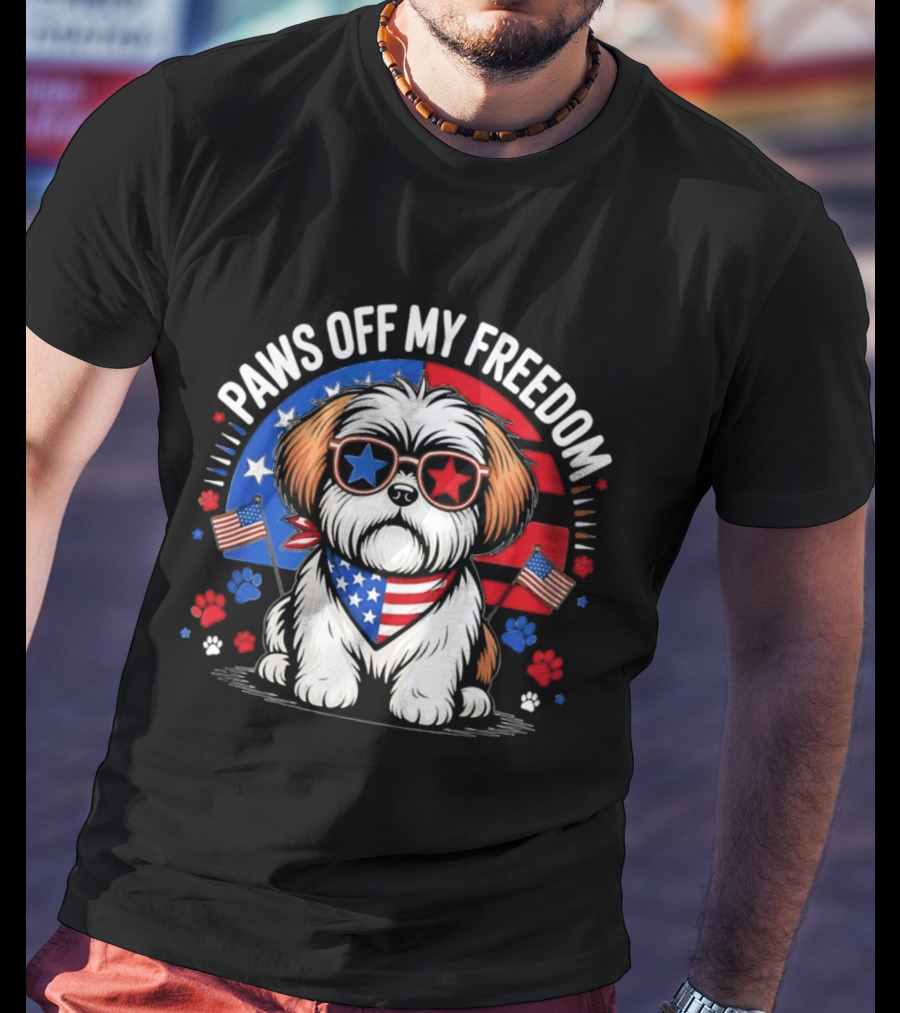 Paws Off My Freedom Shih Tzu American Flag Sunglasses Stars And Stripes T-Shirt