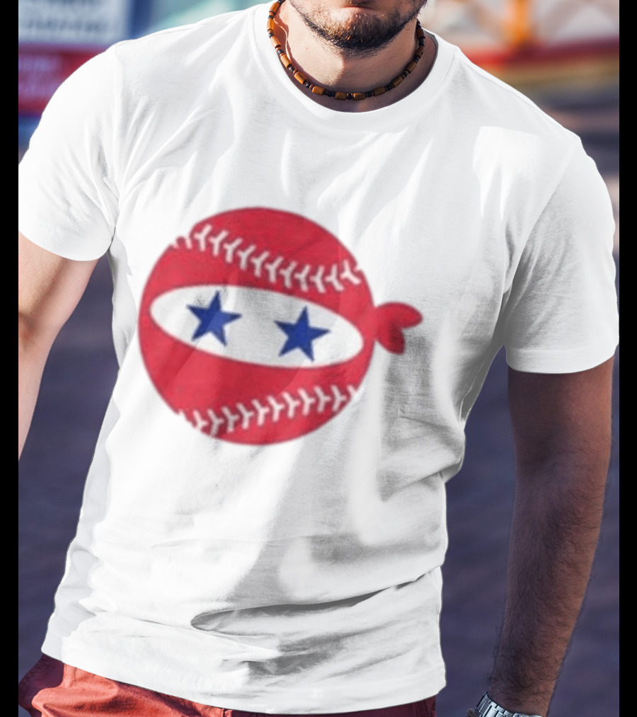 Pitching Ninja Baseball Two Blue Stars Red Baseball Stitches T-Shirt