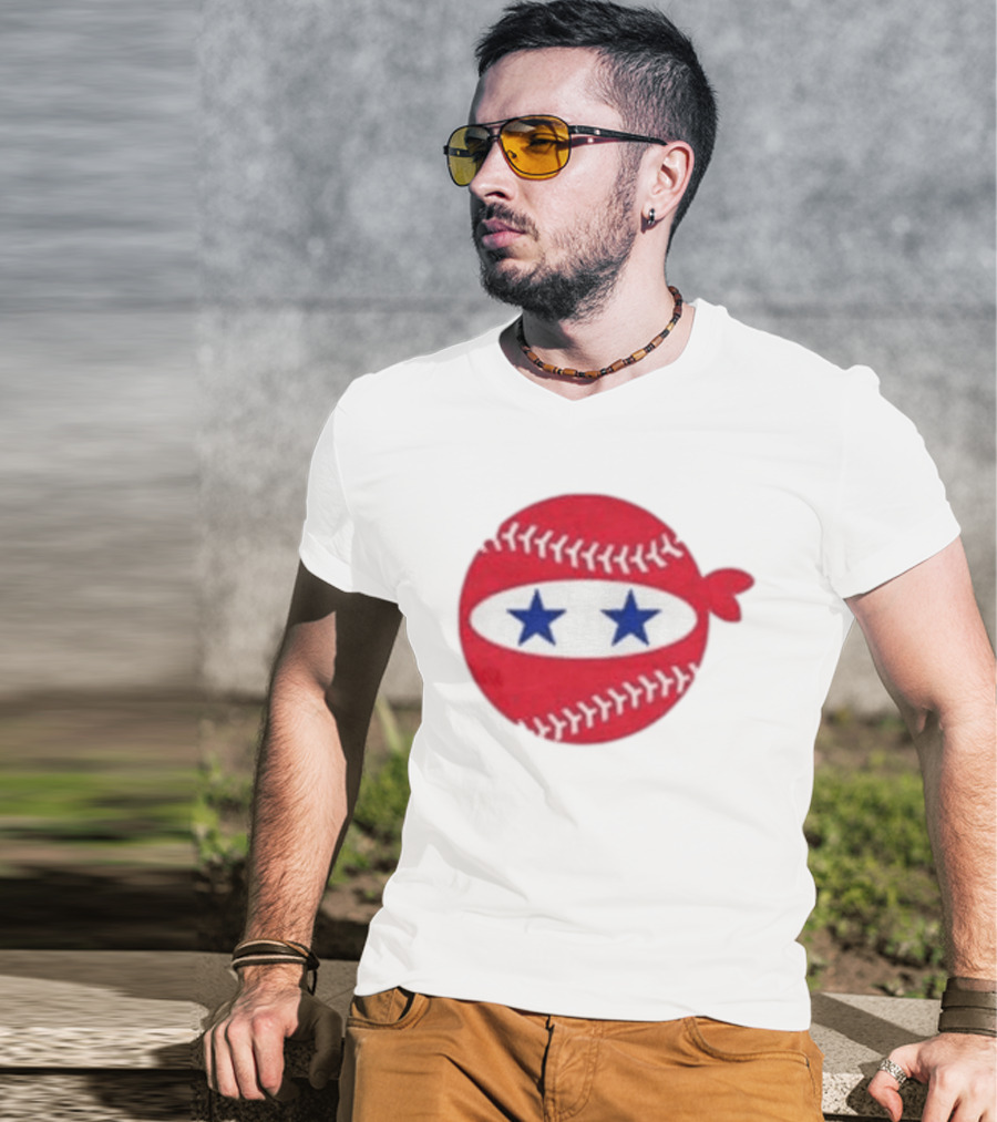 Pitching Ninja Baseball Two Blue Stars Red Baseball Stitches T-Shirt