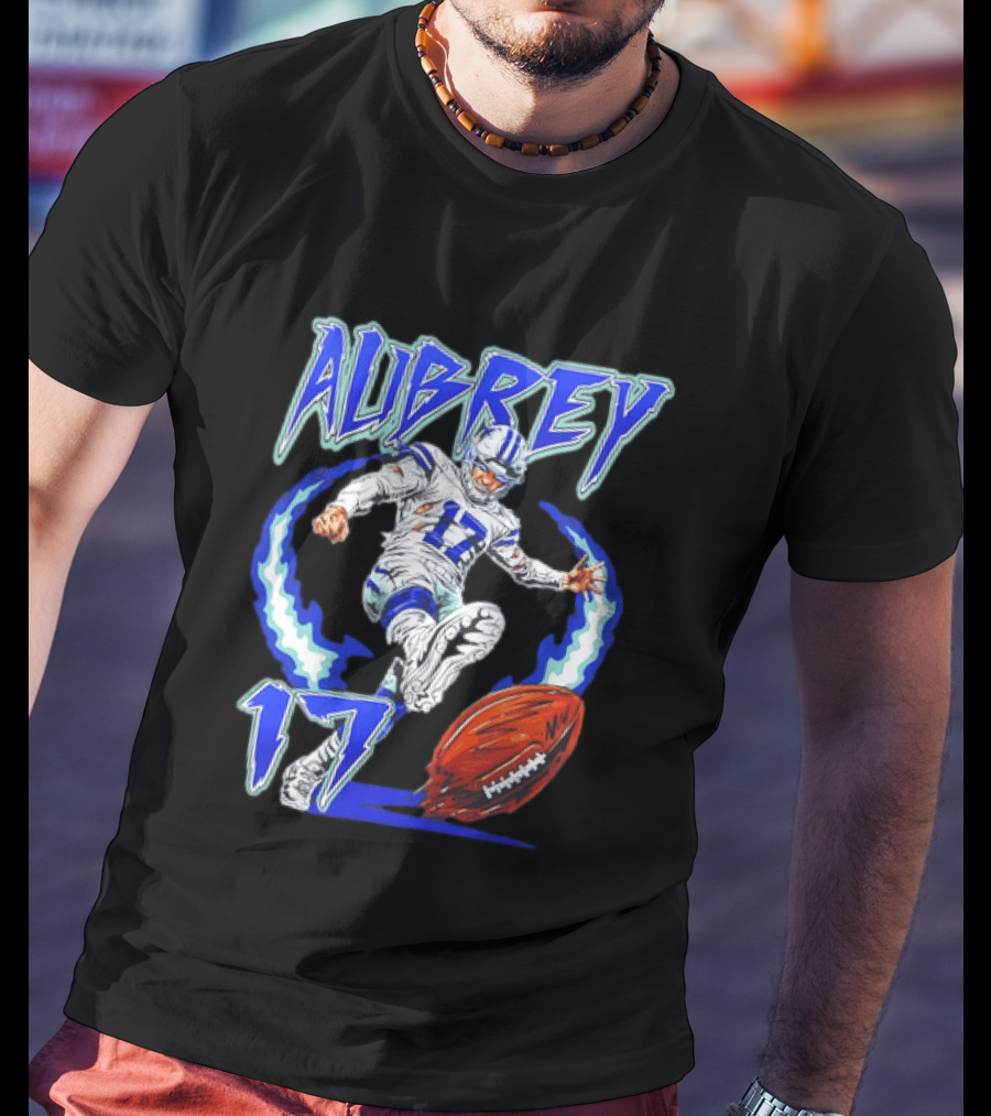 Aubrey 17 Dallas Football Player Kicking With Blue Lightning T-Shirt