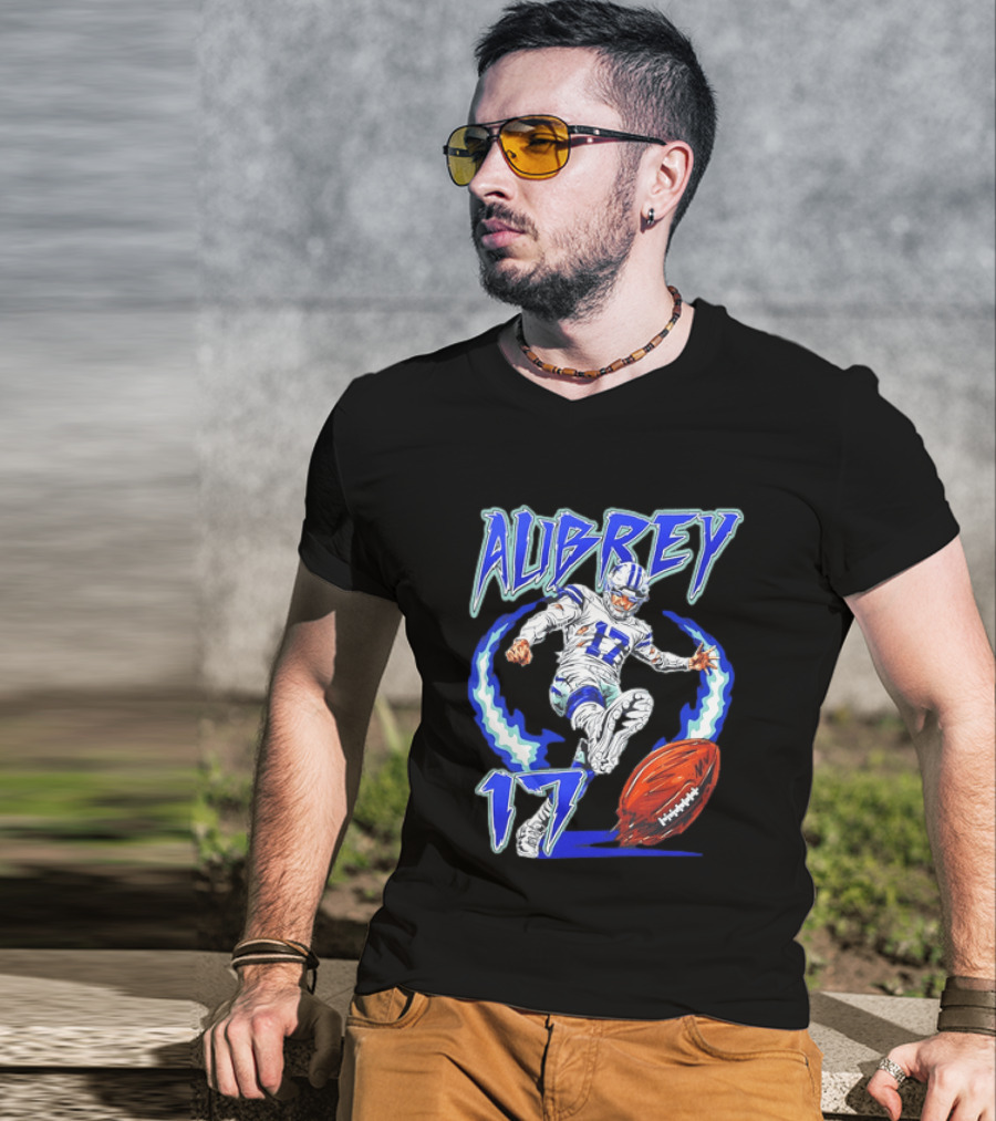 Aubrey 17 Dallas Football Player Kicking With Blue Lightning T-Shirt