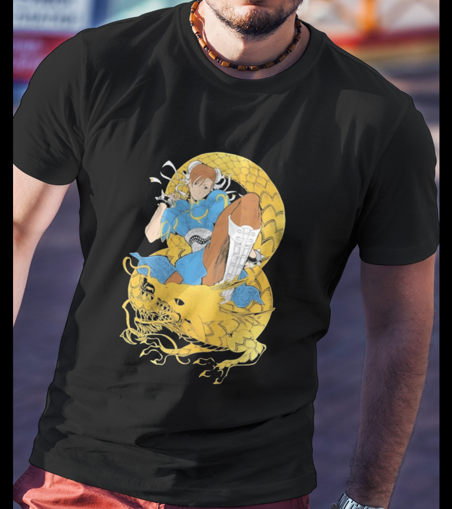 Chun Li Gold Dragon Kick Fighter Blue Outfit Gold Dragon T-Shirt